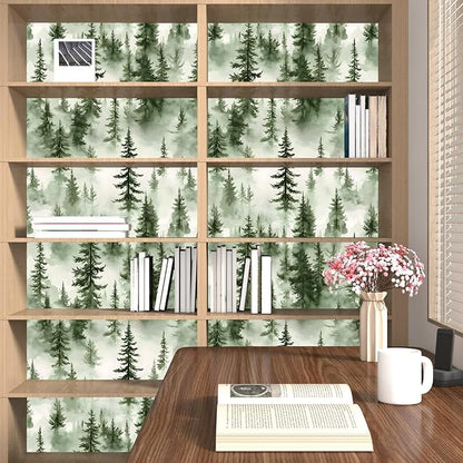 Foggy Forest Wallpaper Peel and Stick,Green Pine Trees Contact Paper,Misty Woodland Landscape Wall Paper Mural Self Adhesive Waterproof Removable for Bathroom Shelves Cabinet Drawer Table 17.5" x 118"