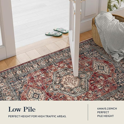 Lahome Oriental Washable Rugs for Bedroom, 4X6 Soft Living Room Rug Ultra-Thin Non-Slip Stain Resistant Vintage Low-Pile Throw Carpet for ‎Office Entryway, Brick Red