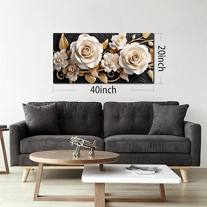 Flower Large Canvas Wall Art for Living Room Bedroom Home Office White and Gold Wall Art Blossom Picture Framed Wall Decor Modern Canvas Prints 20x40 In