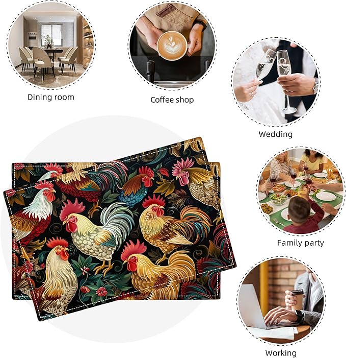 Rooster Placemats Set of 6 Rustic Country Farm Chicken Table Mats Washable Place Mats for Home Party Indoor Kitchen Dining Table Decoration 12x18 Inch