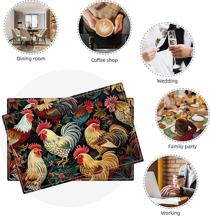 Rooster Placemats Set of 6 Rustic Country Farm Chicken Table Mats Washable Place Mats for Home Party Indoor Kitchen Dining Table Decoration 12x18 Inch
