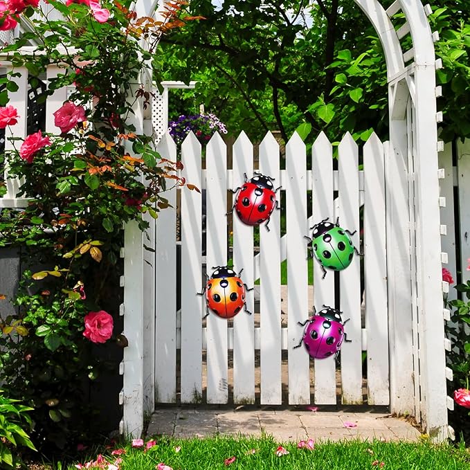 ULENDIS 4 PCS Cute Metal Ladybugs Wall Art Decor, 6.3 Inch Large Outdoor Wall Art Patio Fence Decorations, Colorful Yard Art Lawn Ornaments for Backyard Balcony