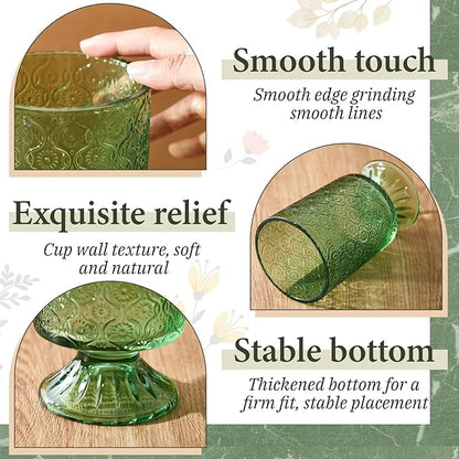 6 Pcs (H:7" W:4") Embossed Flower Vase Fall Pedestal Glass Vase Big Base Thickened Crystal Vintage Vases for Autumn Wedding Home Decor Table Centerpiece House Warming Gifts(Green)