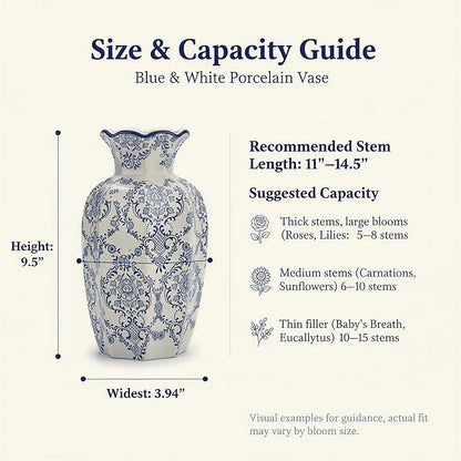 9.5-Inch Blue & White Rustic Vintage Ceramic Vase, Aesthetic Farmhouse Pottery Decor for Living Room, Dining Room & Office