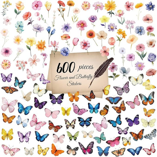 600Pcs Natural Flower +Butterfly Stickers,Self-Adhesive PVC Vintage Butterfly Stickers for Scrapbook,Laptop,Journal,DIY Project