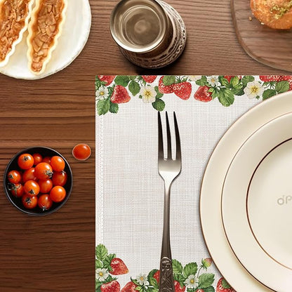 Strawberry Placemats Set of 6,Washable Heat Resistant 12×18 Inch Linen Table Mats Cute Place Mats for Party Outdoor Dining Décor