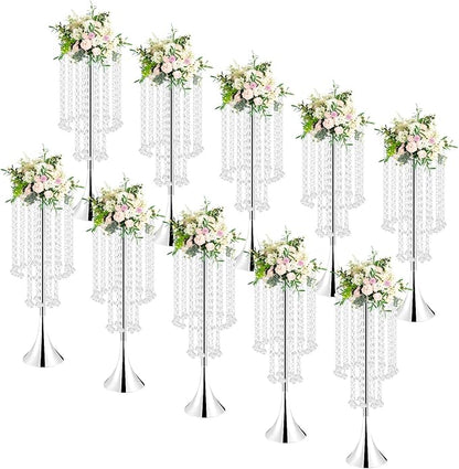 10 Pack 21.9"/55.6cm Tall Crystal Beaded Flower Stands, Metal Wedding Centerpiece Vases for Table/Aisle Decor - Reusable Event Centerpieces for Home, Party, Hotel (Silver)