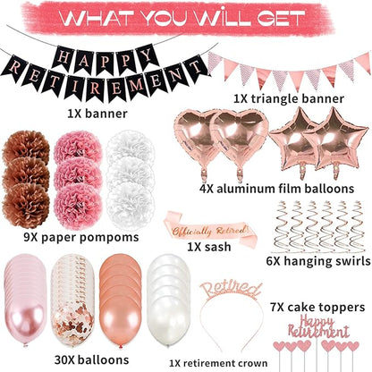 Rose Gold Retirement Party Decorations, 63 Pcs Retired Party Decorations for Women Happy Retirement Banner Hanging Swirls Foil Balloon Cake Toppers Retired Sash Retired Parties Supplies