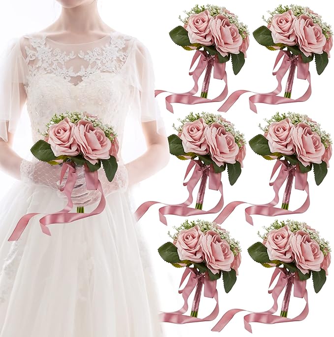 Meldel 6.5 Inch Bridesmaid Bouquet Set of 6, Wedding Bouquets for Bridesmaids, Rose Bridesmaid Bouquets for Wedding, Artificial Wedding Bouquet Flower, Floral Wedding Centerpieces