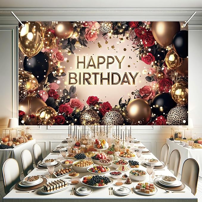 Red and Black Rose Happy Birthday Backdrop Banner Gold Balloon Photography Background Women Birthday Party Decorations Elegant Floral Birthday Supplies Photo Booth Props 71x43 Inch
