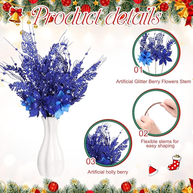 18 Pack 3 Styles 17 Inch Christmas Glitter Poinsettia Berry Stems Ornaments Artificial Floral Branches Picks for Christmas Tree Home Vase Holiday Party Decor(Royal Blue)