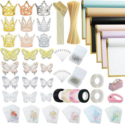 XEUZK 430Pcs Floral Wrapping Paper Kits, &120Sheet Waterproof Floral Paper, RibbonX3 Bamboo SticksX50, Tape Dispenser,Tape X2, Flower PinsX150, ButterfliesX48, CrownsX9, Greeting CardX30 for Wrapping
