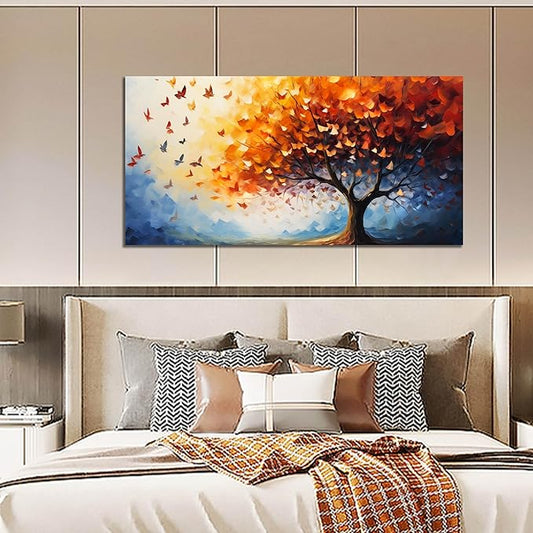 ANCXWOTER Butterfly Tree Canvas Wall Art for Living Room Bedroom Home Office Orange and Blue Colorful Butterfly Picture Tree of Life Wall Art Large Modern Canvas Prints 24x48 In