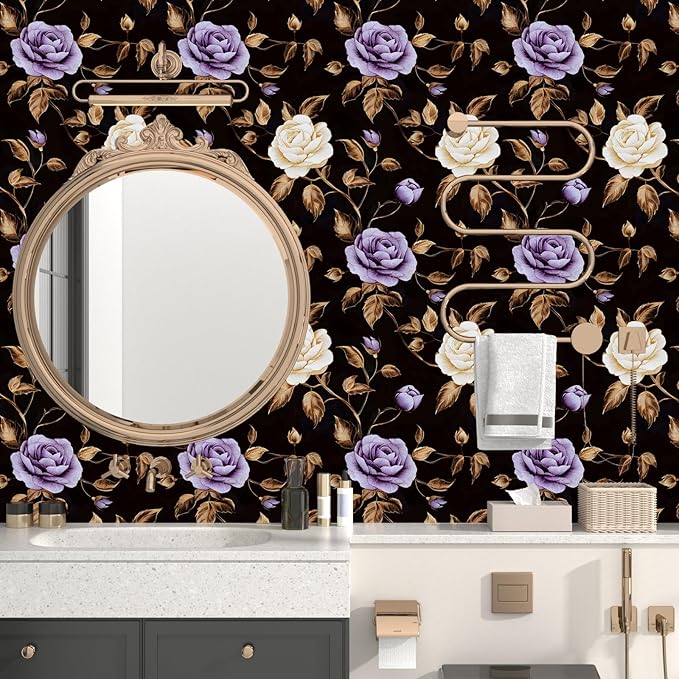 Golden Floral Wallpaper Peel and Stick Vintage Purple Gold Rose Contact Paper Self Adhesive Removable Retro Dark Flower Wall Mural for Bedroom Walls Shelves Cabinet Table Decor 17.5" x 118"