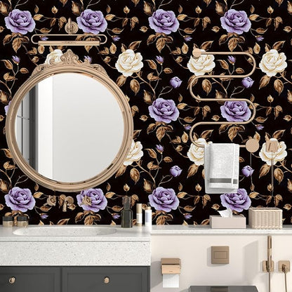 Golden Floral Wallpaper Peel and Stick Vintage Purple Gold Rose Contact Paper Self Adhesive Removable Retro Dark Flower Wall Mural for Bedroom Walls Shelves Cabinet Table Decor 17.5" x 118"