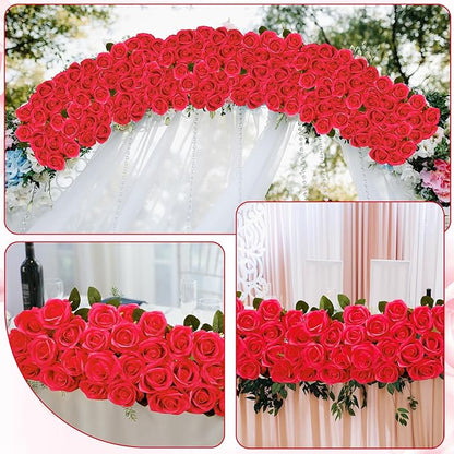 80 Pcs Roses Artificial Flowers, Silk Red Artificial Flowers Petals Long Stem Roses for Wedding Bouquet Home Party Decor