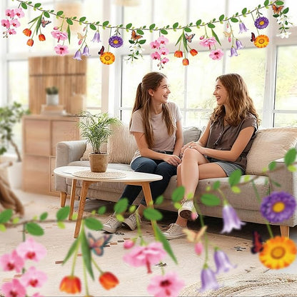 2PCS Flower Banner Reusable Wildflower Garland Floral for Spring Party Enchanted Garden Theme Picnic Wedding Baby Shower Birthday Tea Party Christmas Supplies Home Decorations