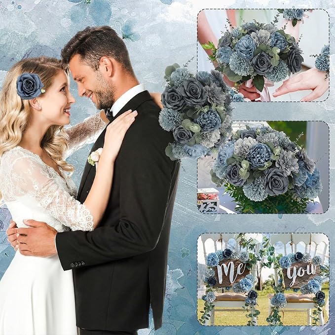 98 Pcs Assorted Faux Flowers Heads with Stem Eucalyptus Leaves Silk Artificial Flowers Bouquet Floral Table Centerpieces for DIY Wedding Party Wreath Home Decoration(Gray Blue,Vivid Style)