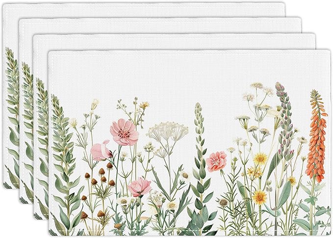 Floral Placemats Set of 4 Flower Daisy Spring Table Mats Washable Place Mats for Home Party Indoor Kitchen Dining Table Decoration 12x18 Inch