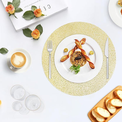 Hysenm 100 Pcs Disposable Gold Placemats Set Metallic 13 Inch Round Foil Mesh Pressed Table Doilies, Ultra-Thin Disposable Placement Mats for Home Decoration Dining Table Wedding Birthday Party