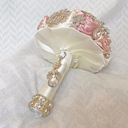 Handmade Satin Rose Floral Bling Pearl Decor Bridal Wedding Bouquet Rhinestone Pendant Artificial Brooch Flowers for Bride Bridesmaid Quinceanera