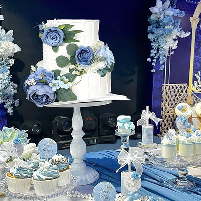 Pre-Made Dusty Blue Silk Flowers for Cakes Decorations Navy Royal Blue Artificial Rose Peony Wedding Cake Toppers Decorating Fake Floral Anniversary Birthday Party Arrangements Table