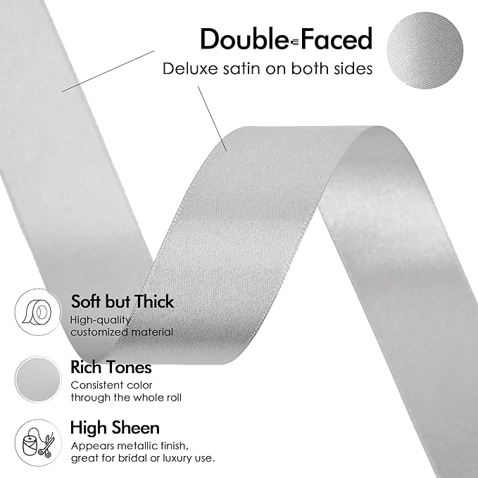 MEEDEE Silver Ribbon 1 Inch Silver Satin Ribbon Lux Double Faced Satin Ribbons by 50 Yards Polyester Wrapping Ribbons for Crafts, Weddings, Flower Bouquet, Holiday Decorating