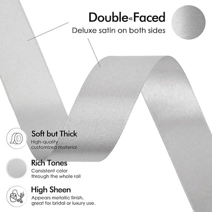 MEEDEE Silver Ribbon 1 Inch Silver Satin Ribbon Lux Double Faced Satin Ribbons by 50 Yards Polyester Wrapping Ribbons for Crafts, Weddings, Flower Bouquet, Holiday Decorating