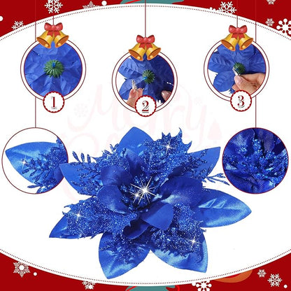 Geosar 36 Pcs Christmas Glitter Artificial Poinsettia Flowers Xmas Poinsettia Artificial Wedding Flowers Decorations Xmas Tree Ornaments with Clips for Party, 6 Inch, 4 Inch, 3 Inch(Royal Blue)