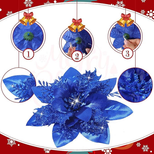Geosar 36 Pcs Christmas Glitter Artificial Poinsettia Flowers Xmas Poinsettia Artificial Wedding Flowers Decorations Xmas Tree Ornaments with Clips for Party, 6 Inch, 4 Inch, 3 Inch(Royal Blue)