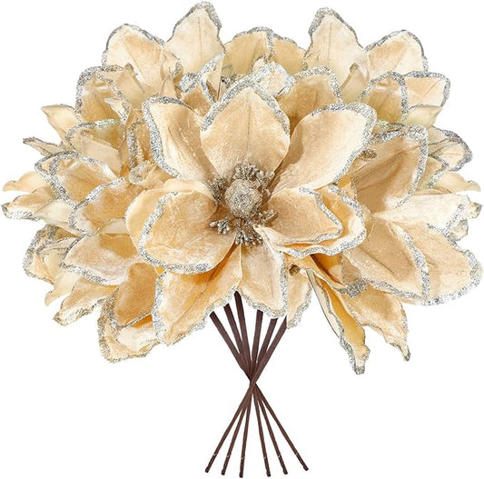 8 Pcs Large Christmas Flower Magnolia Flowers Christmas Tree Decoration Artificial Poinsettia Stems Velvet Xmas Ornaments for Xmas Tree Table Decor(Champagne,12 Inch)