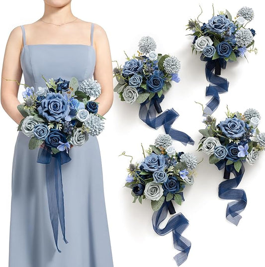 Ling's moment Blue Bridesmaid Bouquet Set of 4, Dusty Blue and Navy Blue Wedding Bouquets for Bridesmaids, 7 Inch Bridal Bouquets for Bridesmaids, Wedding, Ceremony, Anniversary