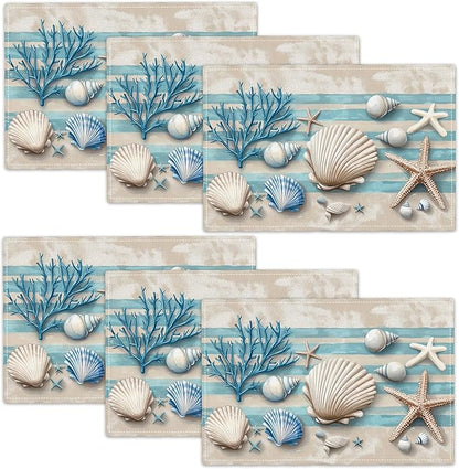 Summer Sea Shell Placemats Set of 6, Coastal Starfish Place Mats, Rustic Summer Ocean Dining Table Mats, Washable Placemats for Kitchen Dining Room 18L'' × 12W''