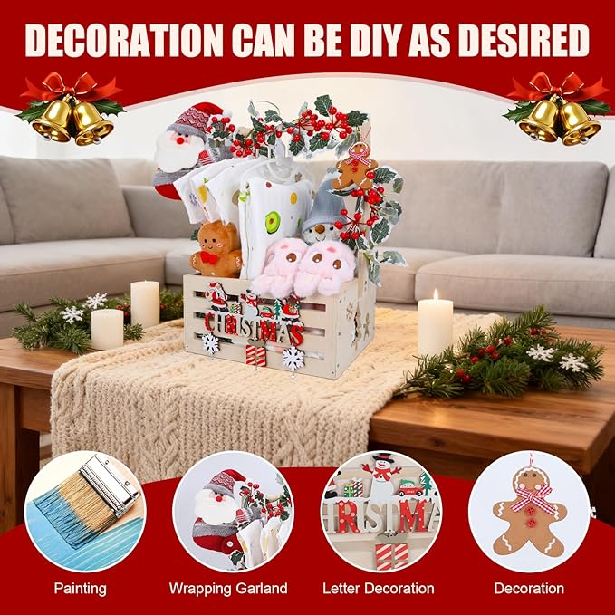 XIANMEI Christmas Wooden Baby Shower Crate Closet, Baby Basket With Artificial Wreath Garland & Accessories - Baby Shower Basket for Newborn Boys Girls, Pregnancy Gifts for New Parents
