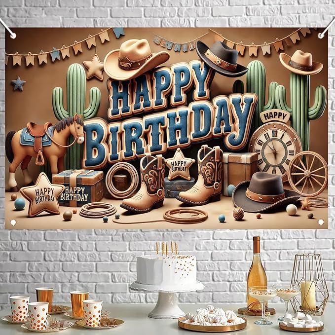 Western Cowboy Happy Birthday Banner Backdrop Rustic Wild West House Barn Photo Banner Party Decorations Boots Hat Cactus Horse Rope Photo Background Props 71 x 43 inch