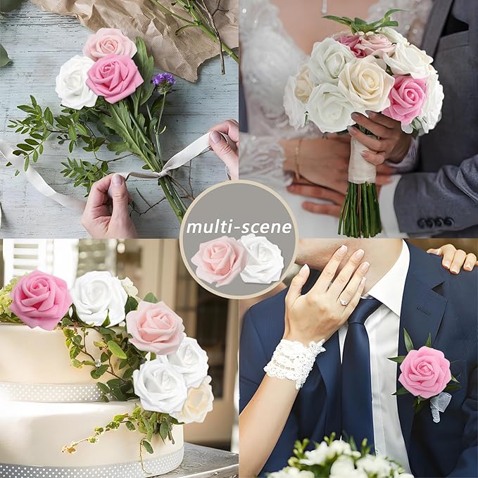 Artificial Flowers Pink Roses Real Looking Foam Fake Roses with Leaves and for DIY Wedding Bouquets Bridal Shower Centerpieces Party Decorations (Pink Series, 100)