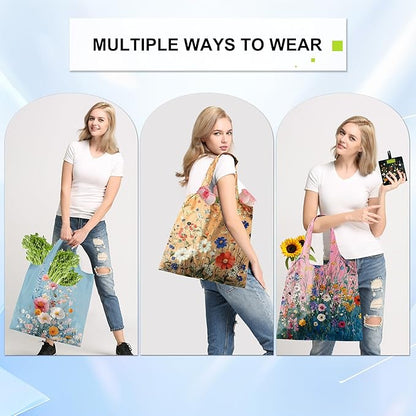 BeeGreen Flower Reusable Shopping Bags Cute Grocery Bag 6 Pack, Christmas Gift Bags Heavy-Duty Foldable Shopping Totes for Supermarket, Work & Travel, Large Washable Polyester Tote Bag with Handles