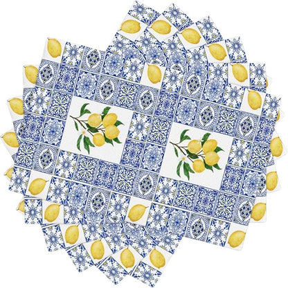 Lemon Table Placemats Set of 6 Blue Tile Print Linen Placemats for Indoor Outdoor Party Home Desktop Kitchen Dining Room Decor 12x18 Inch