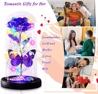 Purple Butterfly Rose Flower Birthday Gifts - Women Gifts for Her Mothers Day Valentines Anniversary Christmas Thanksgiving - Light Up Rose Flower Gifts for Mom Wife Grandma Girlfriend Daughter Sister