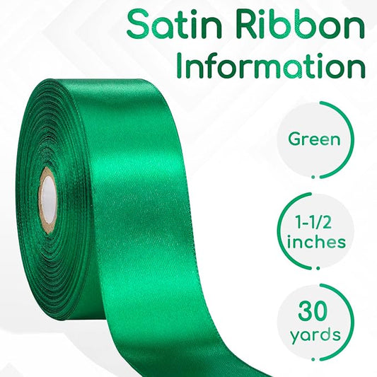 30 Yards Green Ribbon 1-1/2 Inch, Green Satin Ribbon for Gift Wrapping, Christmas, Flower Bouquet, Crafts, Halloween, Wedding and Bow Making