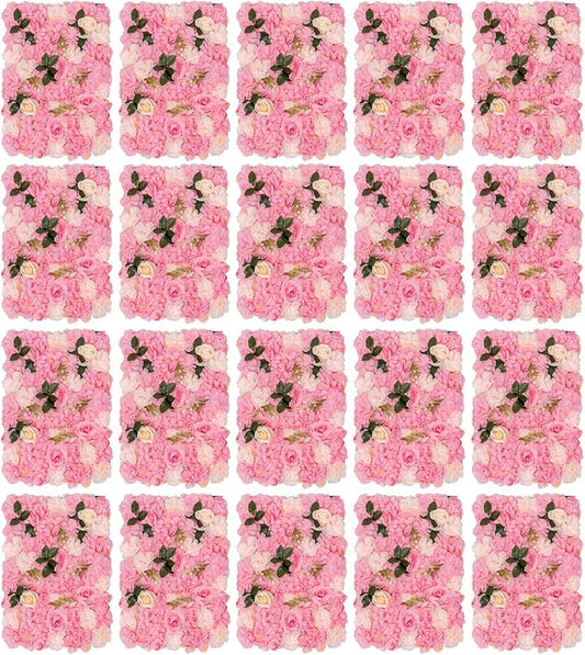 20 PCS Artificial Flower Wall Panel,Each Panel 24" x 16"3D Silk Rose Hydrangea Floral Backdrop,Handmade Eco-Friendly Flower Wall Photo Backdrop Decor (type2)