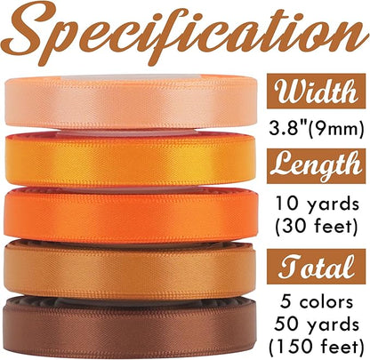 HUIHUANG Satin Ribbon 3/8 inch Orange Terracotta Double-Faced Silk Satin Ribbons for Hair Crafts Bows Making Gift Wrapping Fall Wedding Bridal Shower Decor - 5 Rolls, Total 50 Yards
