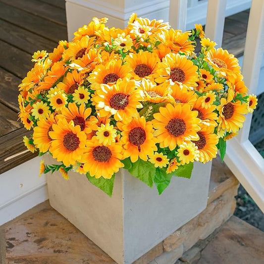 Sunflowers Artificial Flowers, 10 Bunches Fake Sunflower Artificial Flowers for Outdoors Spring Summer Decoration Look Real UV Resistant Fake Flowers for Home Porch Garden Wedding Party Office Indoor