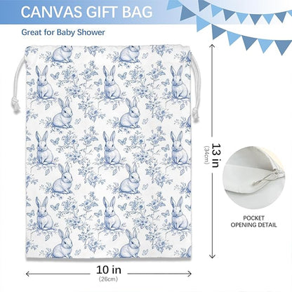 DSHFG Light Blue Chinoiserie Birthday Drawstring Gift Wrap Bags, Chinoiserie Bunny Baby Shower Drawstring Gift Bags Canvas, Blue and White Small Happy Birthday Bag, Bunny Gifts, 10x13 Inch