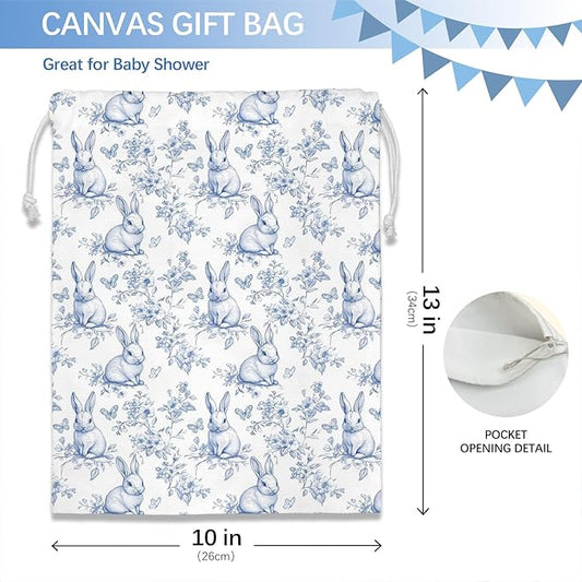 DSHFG Light Blue Chinoiserie Birthday Drawstring Gift Wrap Bags, Chinoiserie Bunny Baby Shower Drawstring Gift Bags Canvas, Blue and White Small Happy Birthday Bag, Bunny Gifts, 10x13 Inch