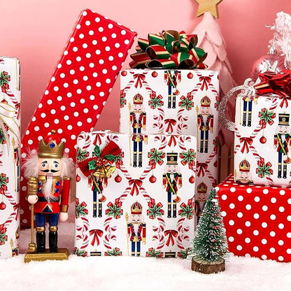 MAYPLUSS Christmas Nutcracker Wrapping Paper - 17 Inch X 33 Feet - Metallic Gift Wrapping Paper featuring Christmas Tree Holly Cute Bow Candy Cane Reversible Polka Dot for Holiday Party New Year Kids