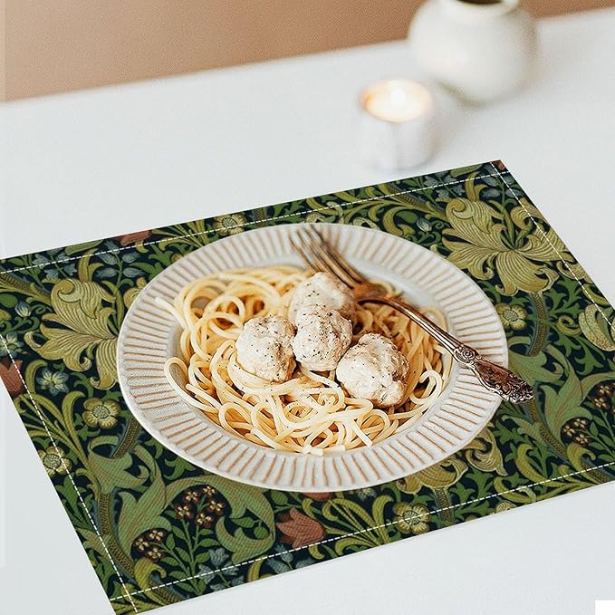 Vintage Floral Placemats Set of 4, William Morris Retro Boho Botanical Plant Place Mats, Heat Resistant Non Slip Cotton Linen Dining Table Mats for Home Kitchen Party 18x12 Inch
