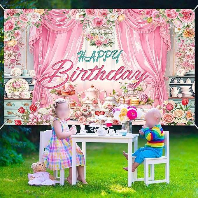 Tea Party Backdrop Let's Partea Happy Birthday Photography Background Wonderland Pink Rose Floral Teapot Women Tea Party Decor Banner Portrait Photo Booth Studio Props 9x6ft FU084YL