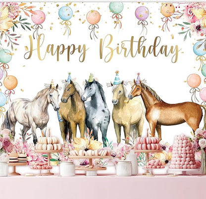 Riyidecor Horse Happy Birthday Backdrop Watercolor Hat Floral Plants Western Cowgirl 7Wx5H Feet Polyester Fabric Modern Balloons Photography Background Cool Table Decor Banner Studio Photo Shoot