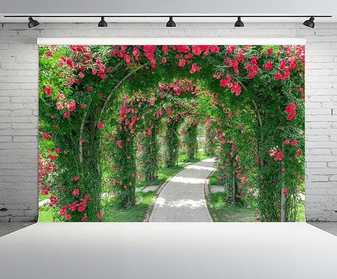 10ftx8ft Spring Flower Garden Backdrop Blossoms Flower Arch Garden Architecture Pillars Blooming Flowers Garden Road Photo Background Outdoor Wedding Portraits Photo Studio Props Wallpaper